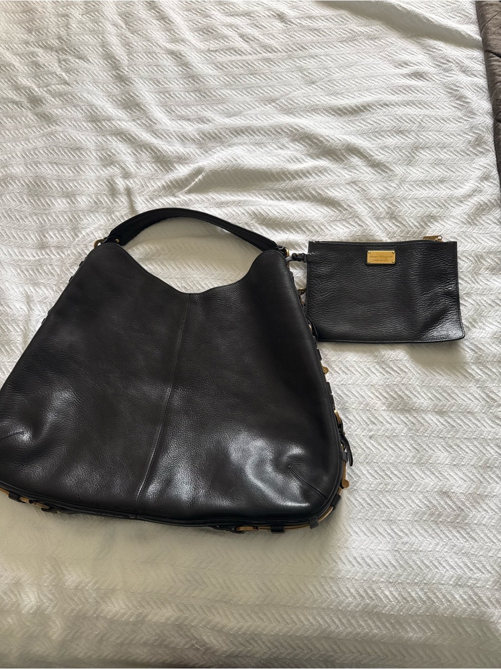 Black Salvatore Ferragamo Leather Shoulder Bag with Removable Pouch